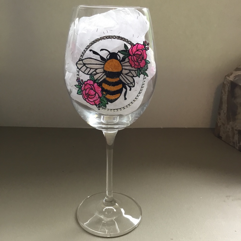 Hand painted bee wine glass